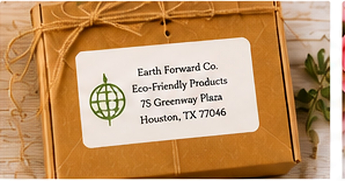 Eco-friendly package with a natural paper address label and green botanical accent