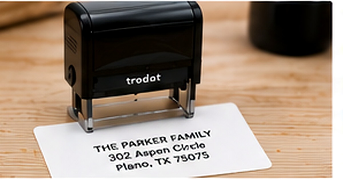 Black self-inking stamp making a clear address impression on white paper