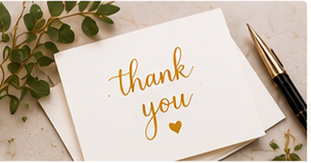 Simple thank-you card and custom label arranged with greenery and a gold pen