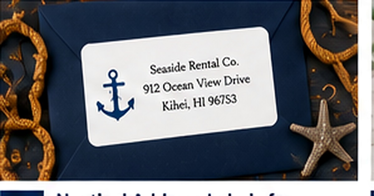 Navy envelope with a nautical anchor address label and coastal props