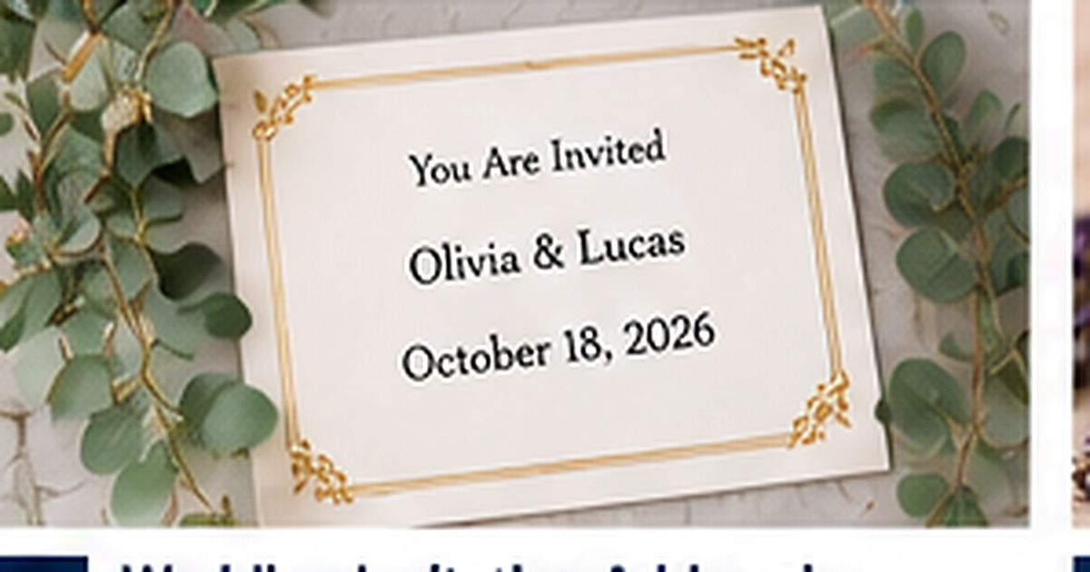 Elegant wedding invitation and envelope with greenery and gold details