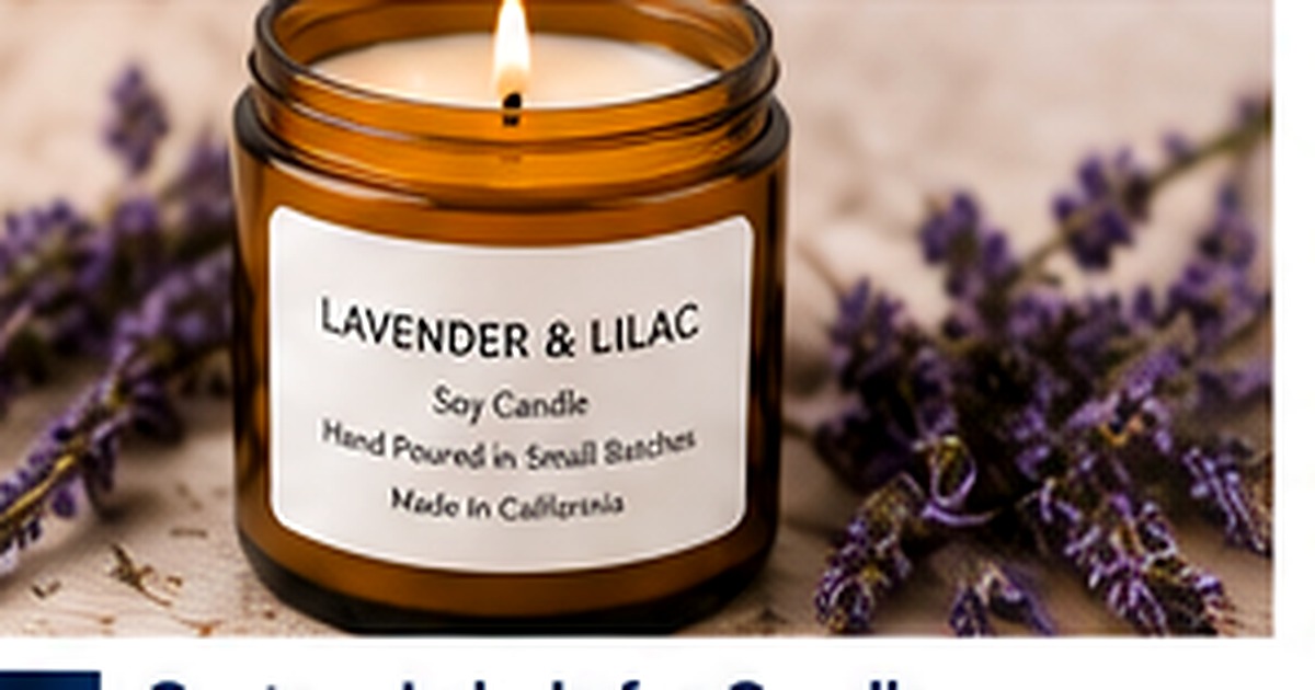 Amber candle jar with a clean product label surrounded by lavender