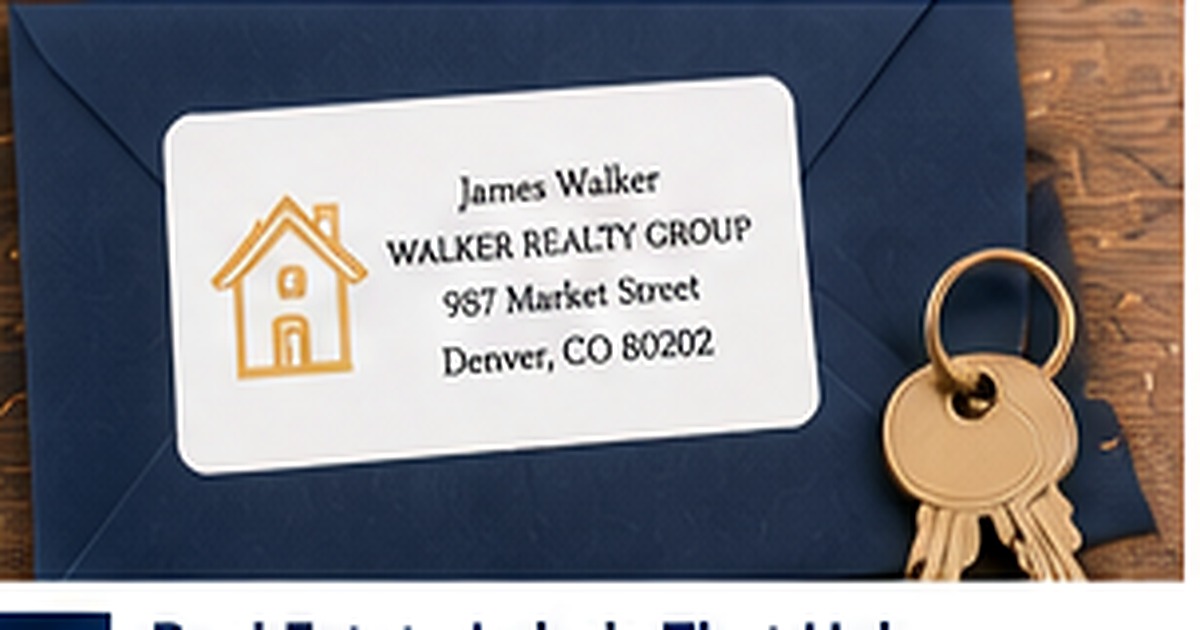 Professional real estate return address label on a navy envelope beside house keys