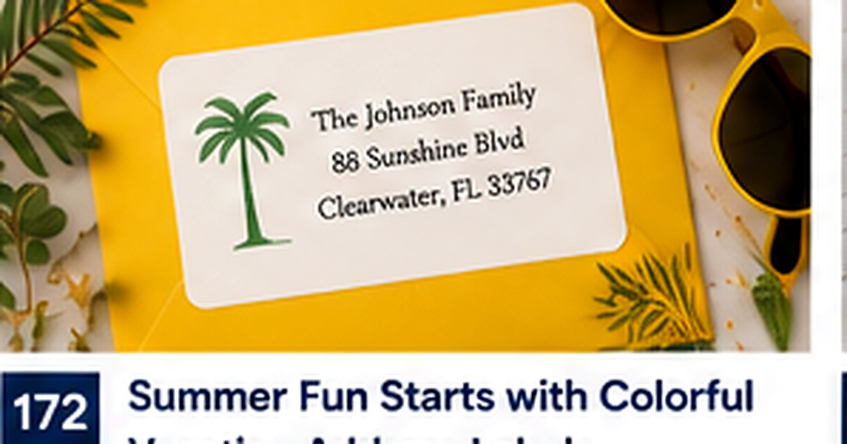 Bright tropical envelope with a vacation-themed return address label