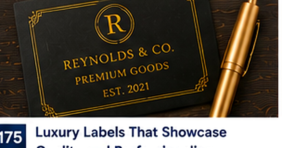 Luxury black product label with gold typography on a dark textured surface