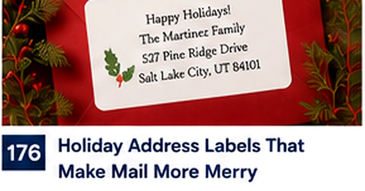 Red holiday envelope with a seasonal return address label and evergreen details