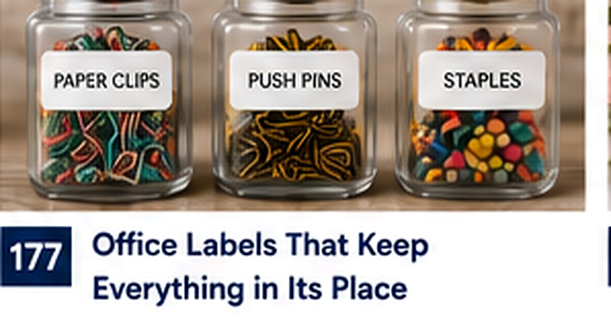 Clear jars labeled for office supplies including paper clips push pins and staples