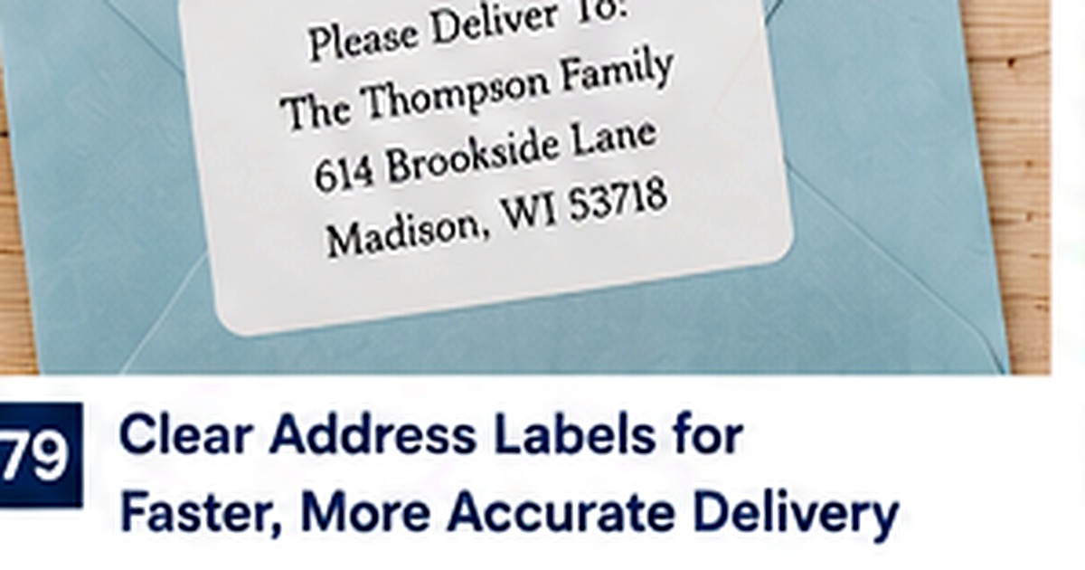Clear return address label applied to a pale blue envelope with clean readable text