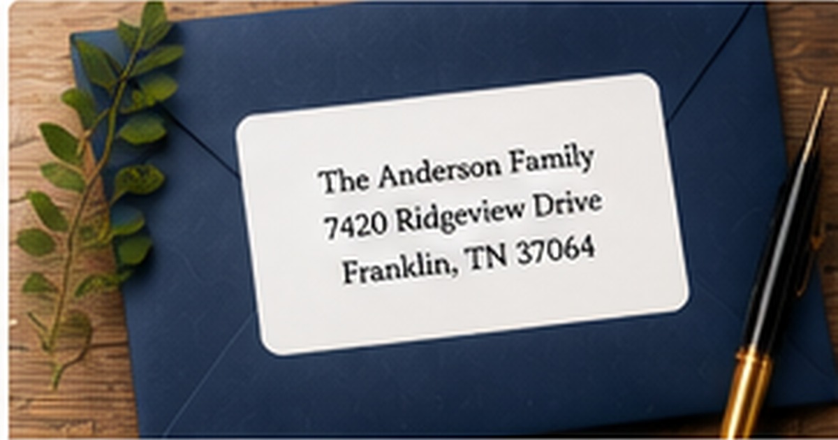 Moving announcement postcards with envelopes, a house key, and return address labels