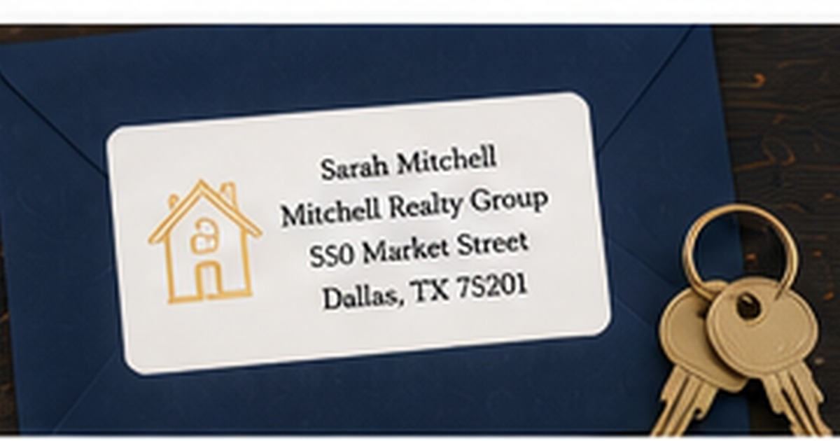 Professional local-business mailer with clean label, envelope, postcard, and business stationery