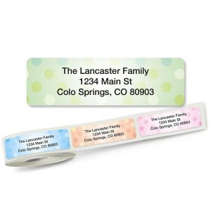 dotted pastel address labels on a roll